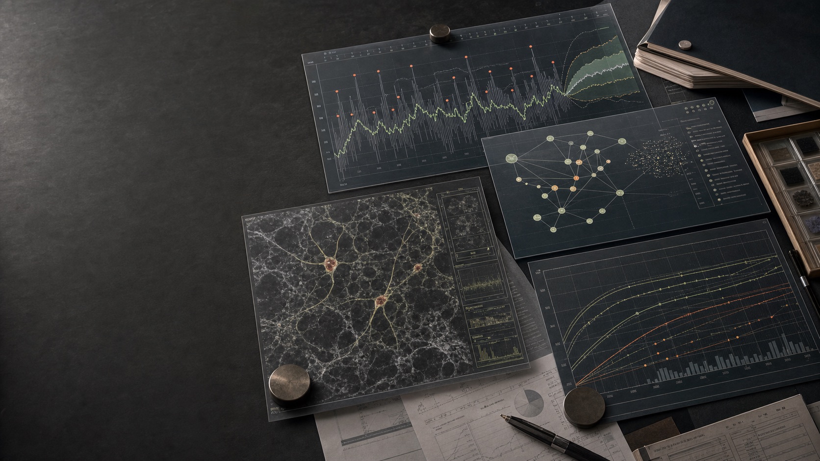 Analytical workbench with forecasting charts, a semantic graph, biomedical imagery, and quantitative curves